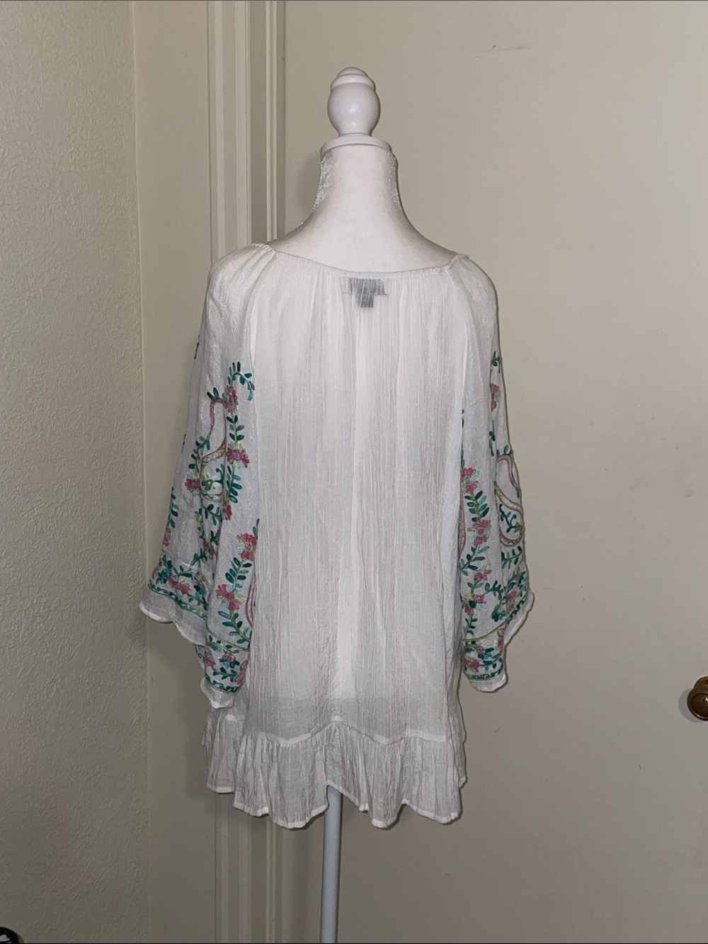 Boho Embroidered White Peasant Blouse - Women's Top, beach coverup - Picture 3 of 6